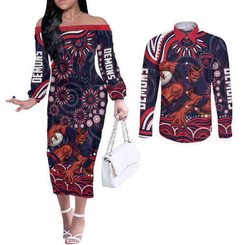 Personalized Melbourne Demons Mascot Couples Matching Off The Shoulder Long Sleeve Dress and Long Sleeve Button Shirt Aboriginal Dot Art - Dreamtime Football Mascot