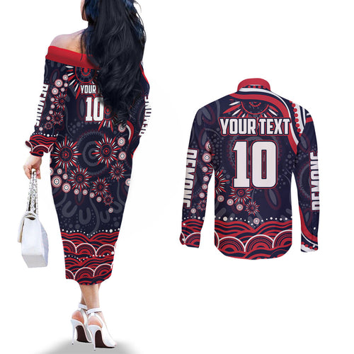 Personalized Melbourne Demons Mascot Couples Matching Off The Shoulder Long Sleeve Dress and Long Sleeve Button Shirt Aboriginal Dot Art - Dreamtime Football Mascot