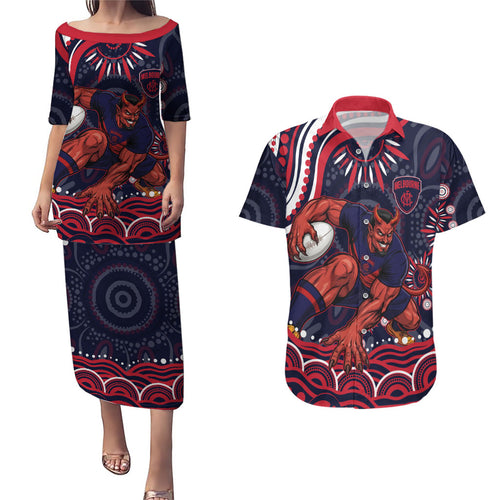 Personalized Melbourne Demons Mascot Couples Matching Puletasi and Hawaiian Shirt Aboriginal Dot Art - Dreamtime Football Mascot