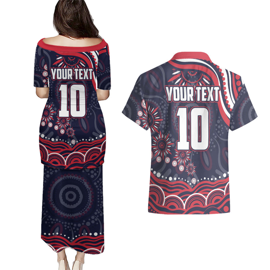 Personalized Melbourne Demons Mascot Couples Matching Puletasi and Hawaiian Shirt Aboriginal Dot Art - Dreamtime Football Mascot
