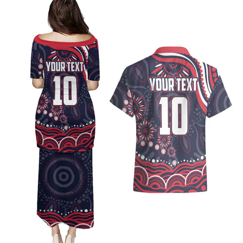 Personalized Melbourne Demons Mascot Couples Matching Puletasi and Hawaiian Shirt Aboriginal Dot Art - Dreamtime Football Mascot