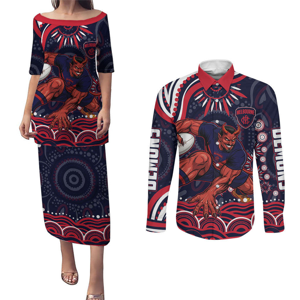 Personalized Melbourne Demons Mascot Couples Matching Puletasi and Long Sleeve Button Shirt Aboriginal Dot Art - Dreamtime Football Mascot