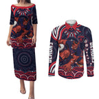 Personalized Melbourne Demons Mascot Couples Matching Puletasi and Long Sleeve Button Shirt Aboriginal Dot Art - Dreamtime Football Mascot