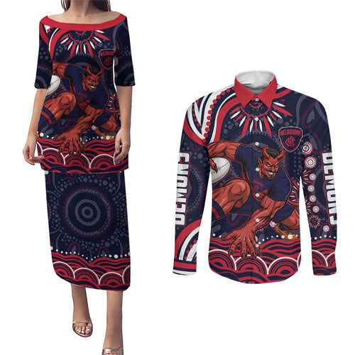 Personalized Melbourne Demons Mascot Couples Matching Puletasi and Long Sleeve Button Shirt Aboriginal Dot Art - Dreamtime Football Mascot