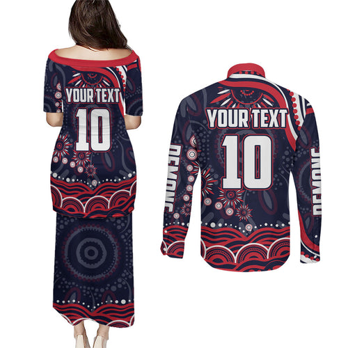 Personalized Melbourne Demons Mascot Couples Matching Puletasi and Long Sleeve Button Shirt Aboriginal Dot Art - Dreamtime Football Mascot