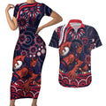 Personalized Melbourne Demons Mascot Couples Matching Short Sleeve Bodycon Dress and Hawaiian Shirt Aboriginal Dot Art - Dreamtime Football Mascot
