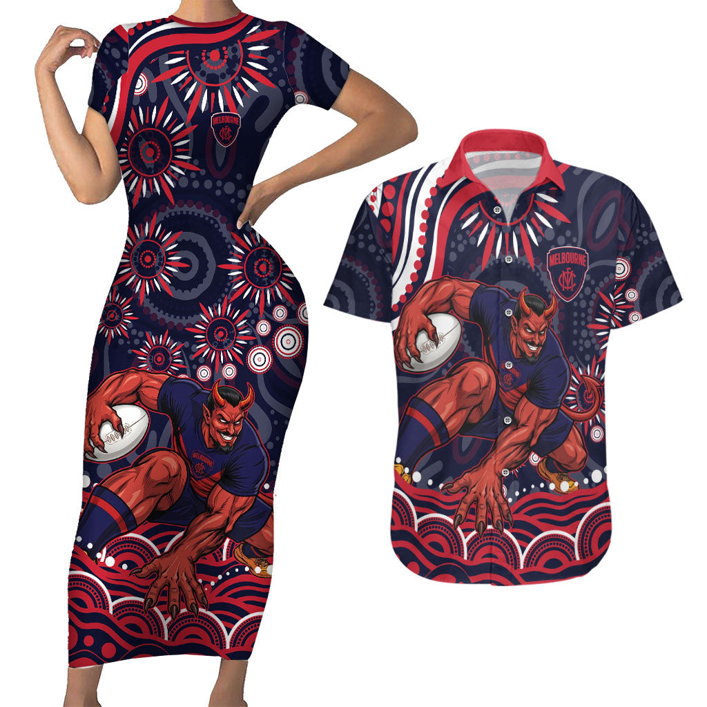 Personalized Melbourne Demons Mascot Couples Matching Short Sleeve Bodycon Dress and Hawaiian Shirt Aboriginal Dot Art - Dreamtime Football Mascot