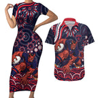 Personalized Melbourne Demons Mascot Couples Matching Short Sleeve Bodycon Dress and Hawaiian Shirt Aboriginal Dot Art - Dreamtime Football Mascot