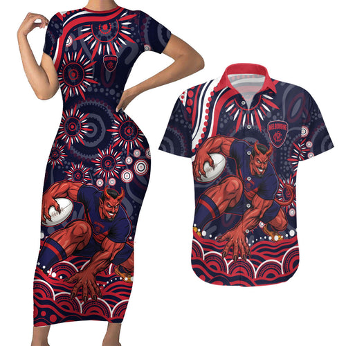 Personalized Melbourne Demons Mascot Couples Matching Short Sleeve Bodycon Dress and Hawaiian Shirt Aboriginal Dot Art - Dreamtime Football Mascot