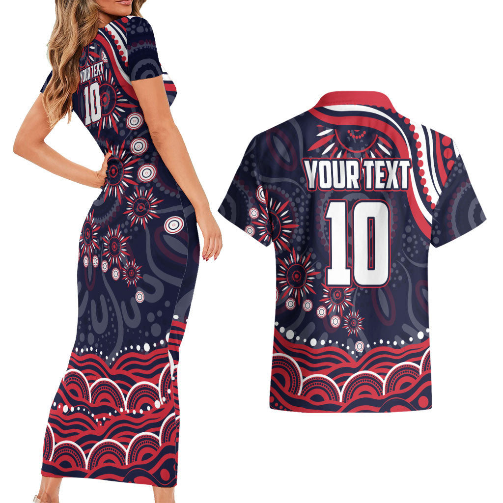 Personalized Melbourne Demons Mascot Couples Matching Short Sleeve Bodycon Dress and Hawaiian Shirt Aboriginal Dot Art - Dreamtime Football Mascot