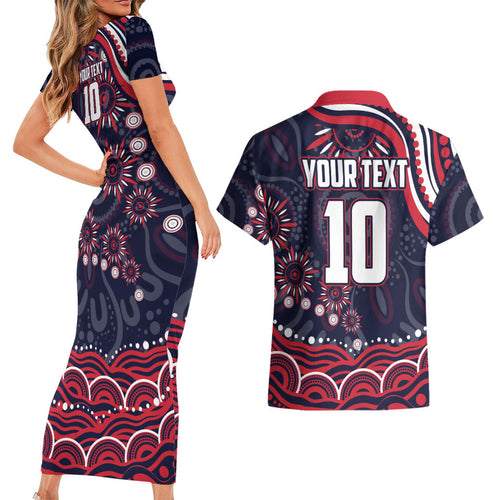 Personalized Melbourne Demons Mascot Couples Matching Short Sleeve Bodycon Dress and Hawaiian Shirt Aboriginal Dot Art - Dreamtime Football Mascot