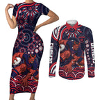 Personalized Melbourne Demons Mascot Couples Matching Short Sleeve Bodycon Dress and Long Sleeve Button Shirt Aboriginal Dot Art - Dreamtime Football Mascot