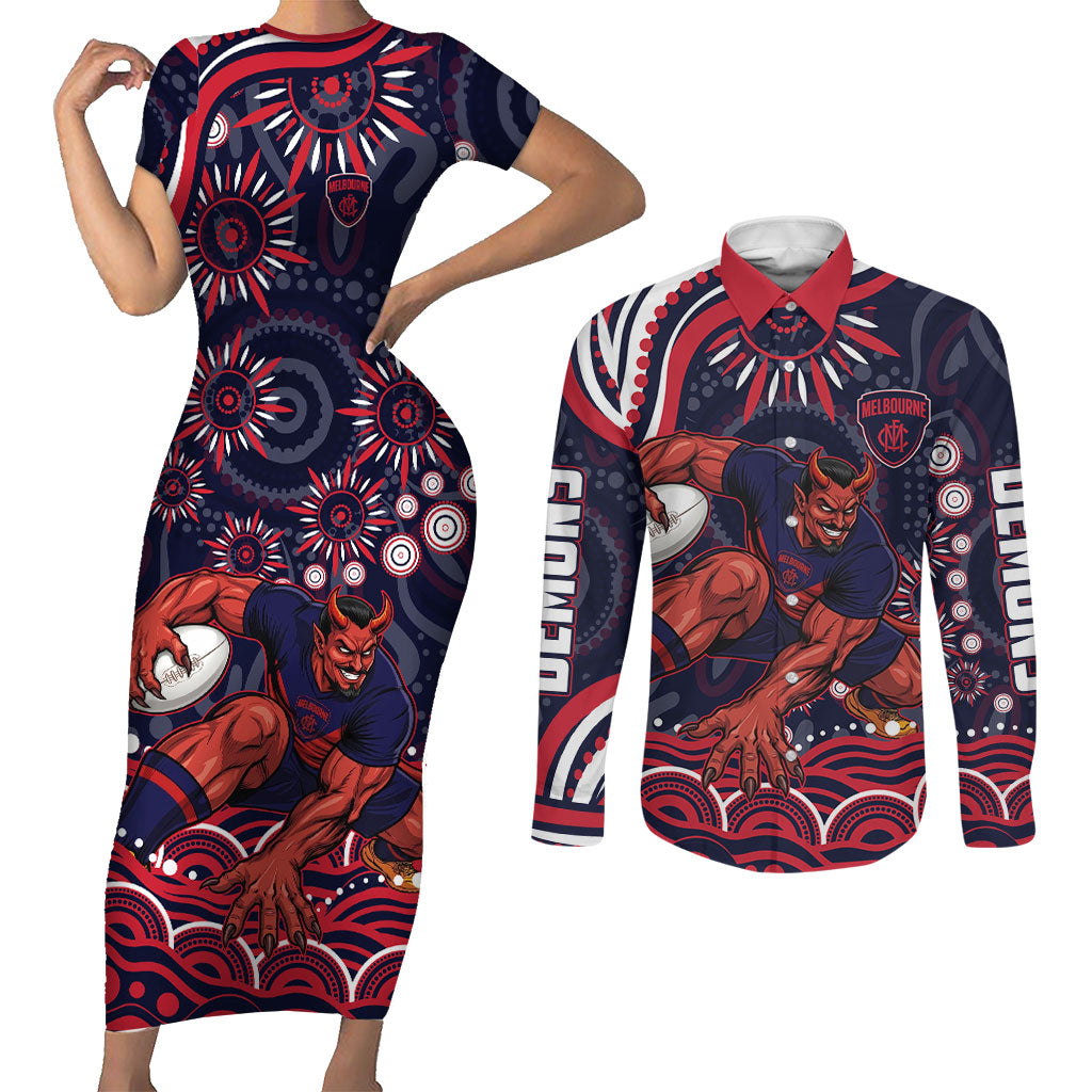 Personalized Melbourne Demons Mascot Couples Matching Short Sleeve Bodycon Dress and Long Sleeve Button Shirt Aboriginal Dot Art - Dreamtime Football Mascot