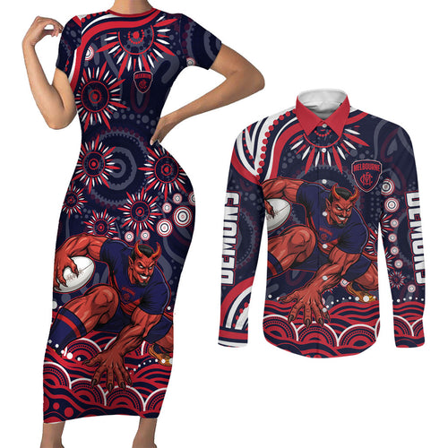 Personalized Melbourne Demons Mascot Couples Matching Short Sleeve Bodycon Dress and Long Sleeve Button Shirt Aboriginal Dot Art - Dreamtime Football Mascot