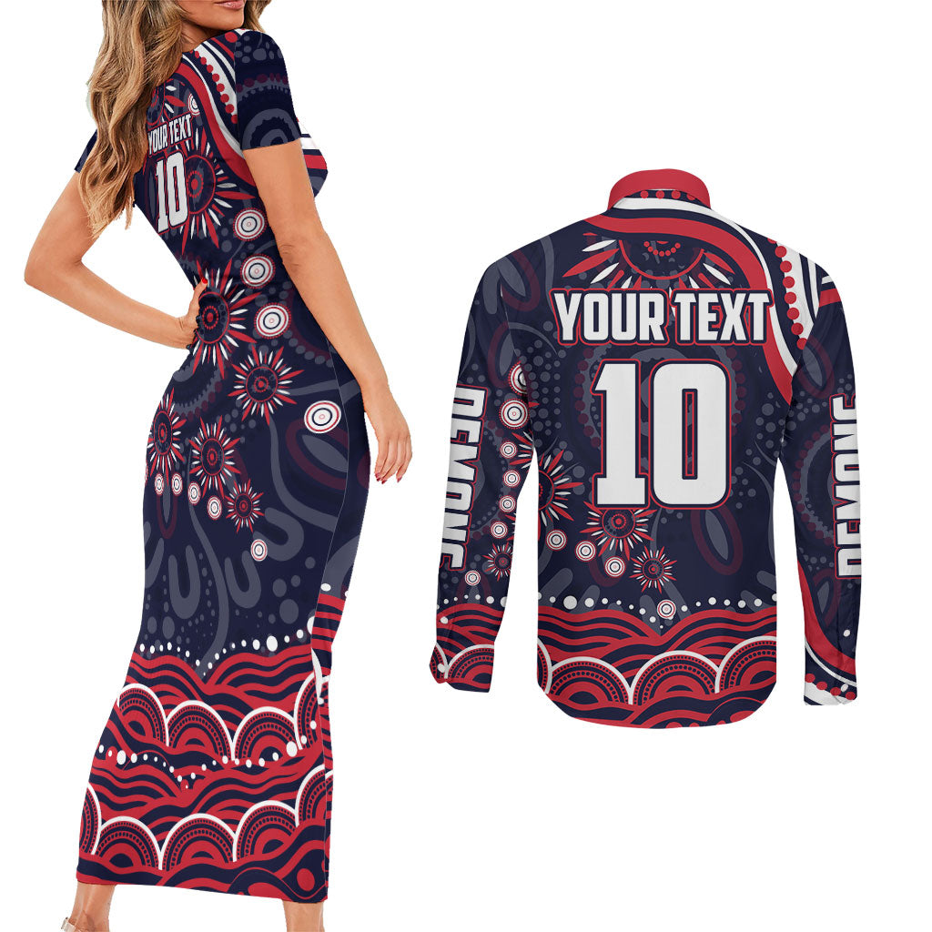 Personalized Melbourne Demons Mascot Couples Matching Short Sleeve Bodycon Dress and Long Sleeve Button Shirt Aboriginal Dot Art - Dreamtime Football Mascot