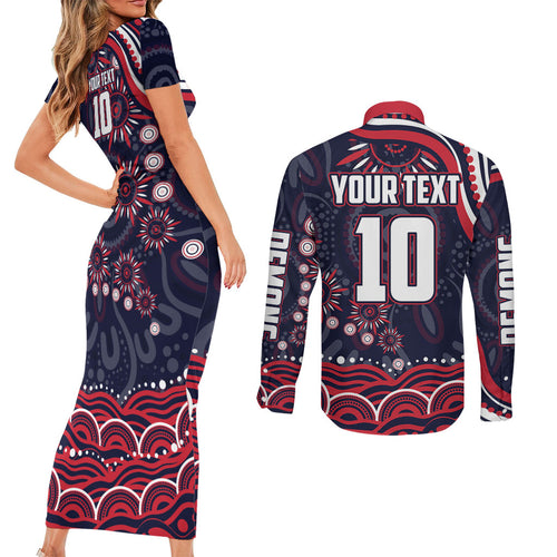 Personalized Melbourne Demons Mascot Couples Matching Short Sleeve Bodycon Dress and Long Sleeve Button Shirt Aboriginal Dot Art - Dreamtime Football Mascot