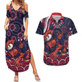 Personalized Melbourne Demons Mascot Couples Matching Summer Maxi Dress and Hawaiian Shirt Aboriginal Dot Art - Dreamtime Football Mascot