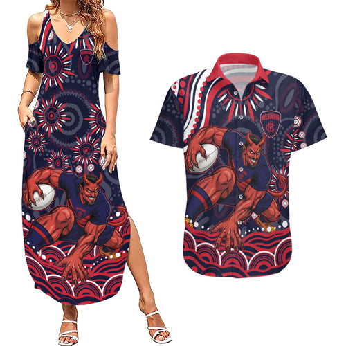 Personalized Melbourne Demons Mascot Couples Matching Summer Maxi Dress and Hawaiian Shirt Aboriginal Dot Art - Dreamtime Football Mascot