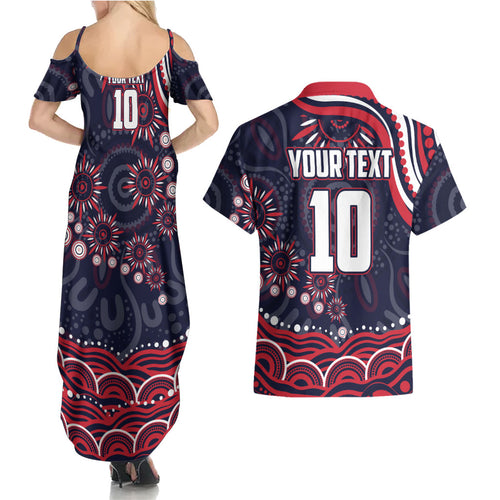 Personalized Melbourne Demons Mascot Couples Matching Summer Maxi Dress and Hawaiian Shirt Aboriginal Dot Art - Dreamtime Football Mascot