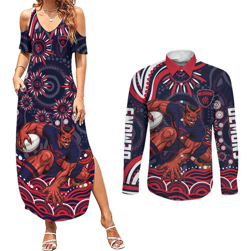 Personalized Melbourne Demons Mascot Couples Matching Summer Maxi Dress and Long Sleeve Button Shirt Aboriginal Dot Art - Dreamtime Football Mascot