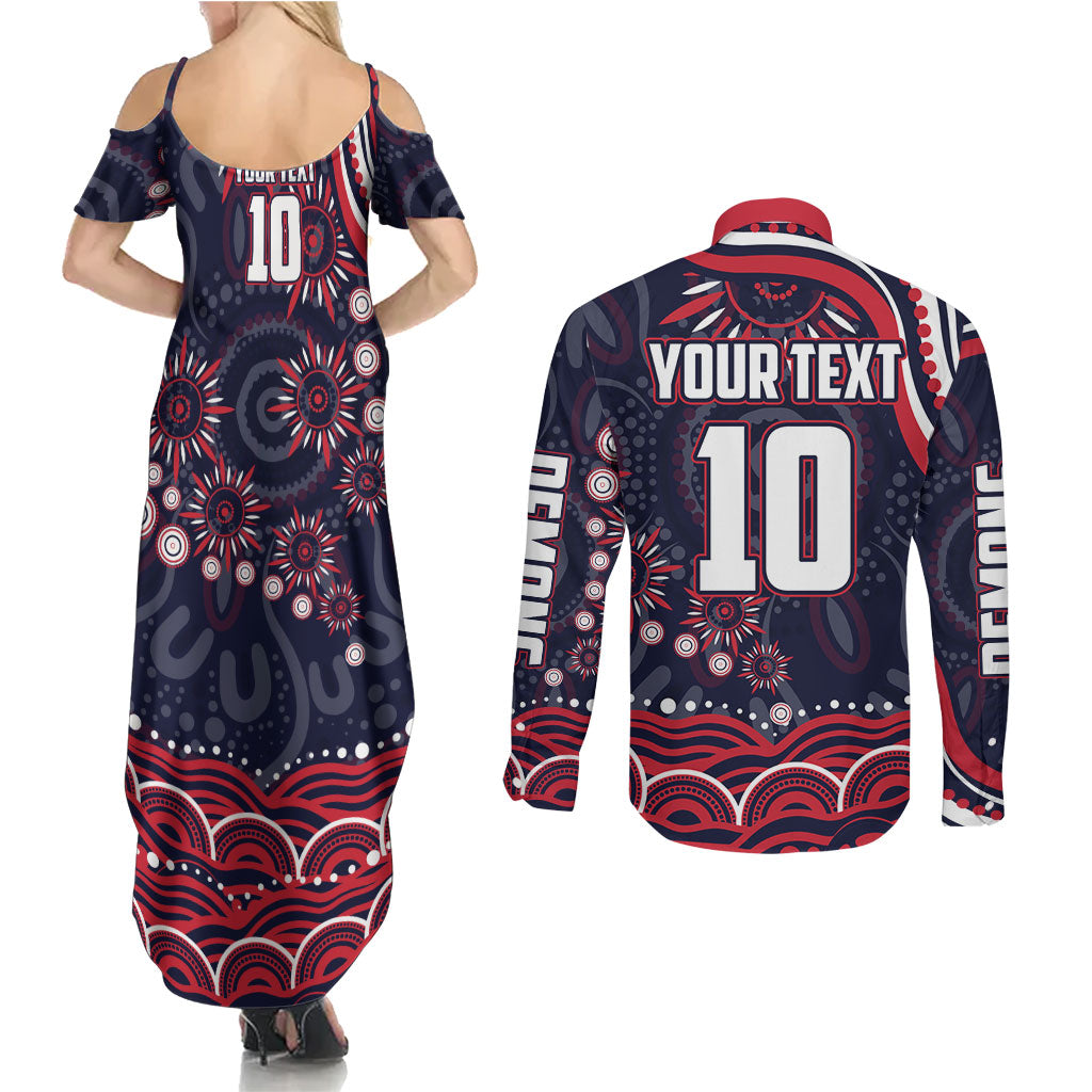 Personalized Melbourne Demons Mascot Couples Matching Summer Maxi Dress and Long Sleeve Button Shirt Aboriginal Dot Art - Dreamtime Football Mascot