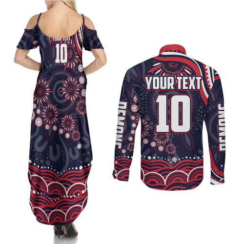 Personalized Melbourne Demons Mascot Couples Matching Summer Maxi Dress and Long Sleeve Button Shirt Aboriginal Dot Art - Dreamtime Football Mascot