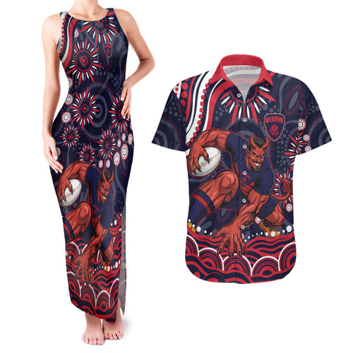Personalized Melbourne Demons Mascot Couples Matching Tank Maxi Dress and Hawaiian Shirt Aboriginal Dot Art - Dreamtime Football Mascot