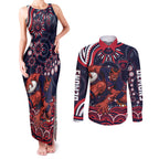 Personalized Melbourne Demons Mascot Couples Matching Tank Maxi Dress and Long Sleeve Button Shirt Aboriginal Dot Art - Dreamtime Football Mascot