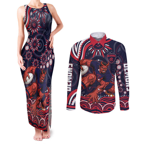 Personalized Melbourne Demons Mascot Couples Matching Tank Maxi Dress and Long Sleeve Button Shirt Aboriginal Dot Art - Dreamtime Football Mascot