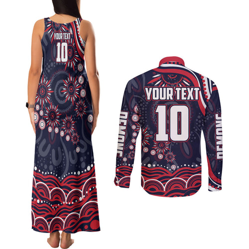 Personalized Melbourne Demons Mascot Couples Matching Tank Maxi Dress and Long Sleeve Button Shirt Aboriginal Dot Art - Dreamtime Football Mascot