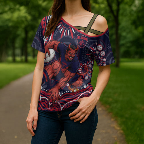 Personalized Melbourne Demons Mascot Cross Shoulder Shirt Aboriginal Dot Art - Dreamtime Football Mascot