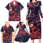 Personalized Melbourne Demons Mascot Family Matching Long Sleeve Bodycon Dress and Hawaiian Shirt Aboriginal Dot Art - Dreamtime Football Mascot