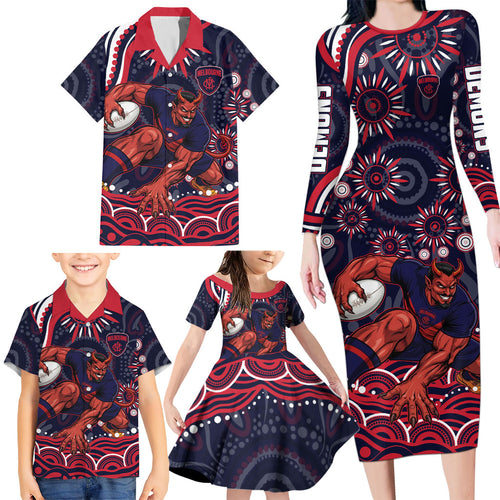 Personalized Melbourne Demons Mascot Family Matching Long Sleeve Bodycon Dress and Hawaiian Shirt Aboriginal Dot Art - Dreamtime Football Mascot