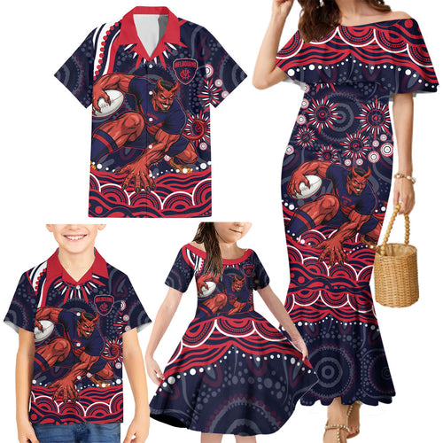 Personalized Melbourne Demons Mascot Family Matching Mermaid Dress and Hawaiian Shirt Aboriginal Dot Art - Dreamtime Football Mascot