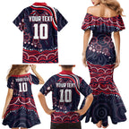 Personalized Melbourne Demons Mascot Family Matching Mermaid Dress and Hawaiian Shirt Aboriginal Dot Art - Dreamtime Football Mascot