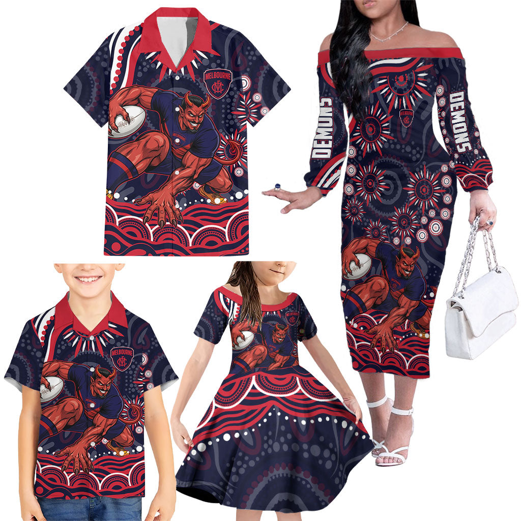 Personalized Melbourne Demons Mascot Family Matching Off The Shoulder Long Sleeve Dress and Hawaiian Shirt Aboriginal Dot Art - Dreamtime Football Mascot
