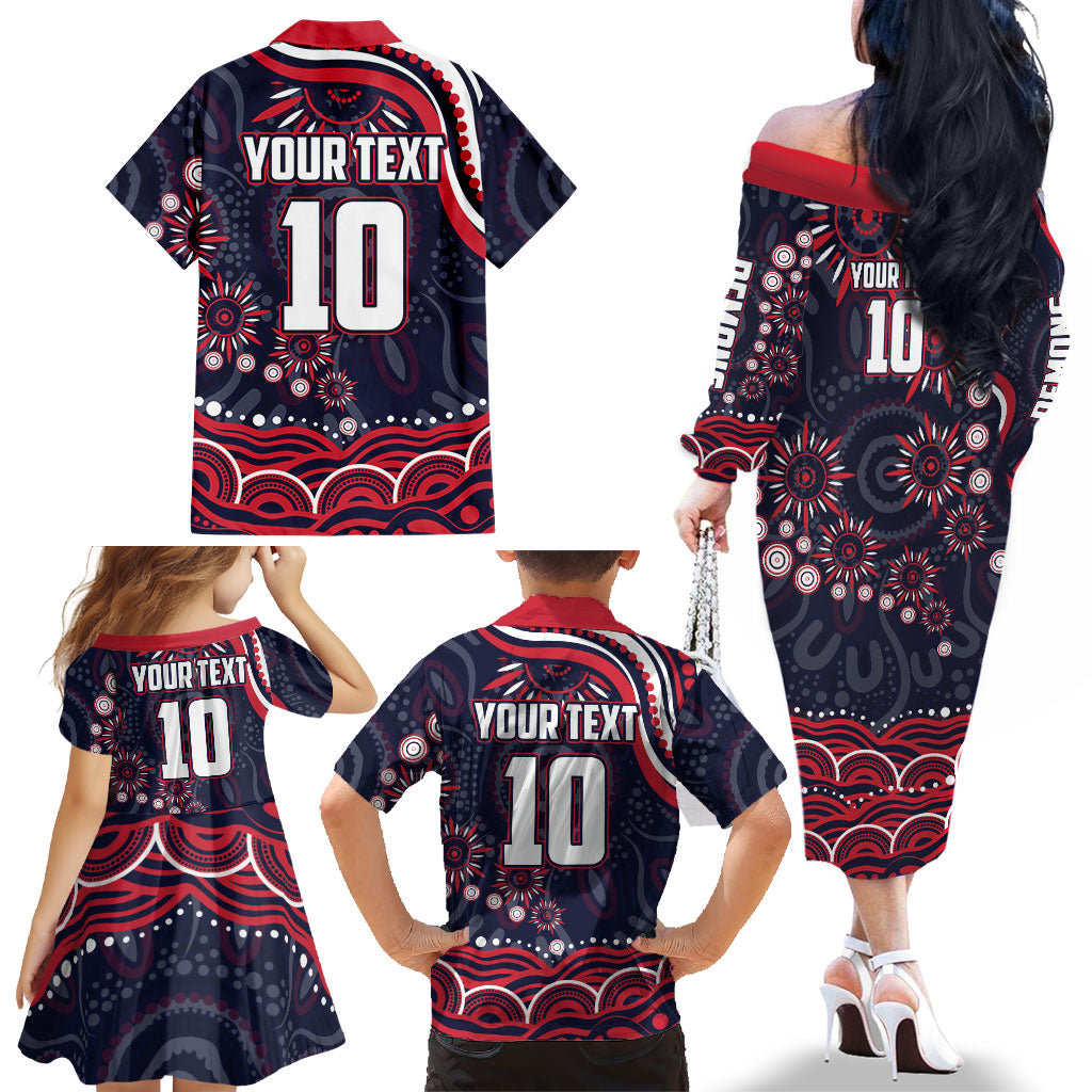 Personalized Melbourne Demons Mascot Family Matching Off The Shoulder Long Sleeve Dress and Hawaiian Shirt Aboriginal Dot Art - Dreamtime Football Mascot