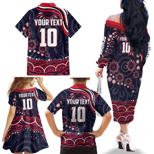 Personalized Melbourne Demons Mascot Family Matching Off The Shoulder Long Sleeve Dress and Hawaiian Shirt Aboriginal Dot Art - Dreamtime Football Mascot