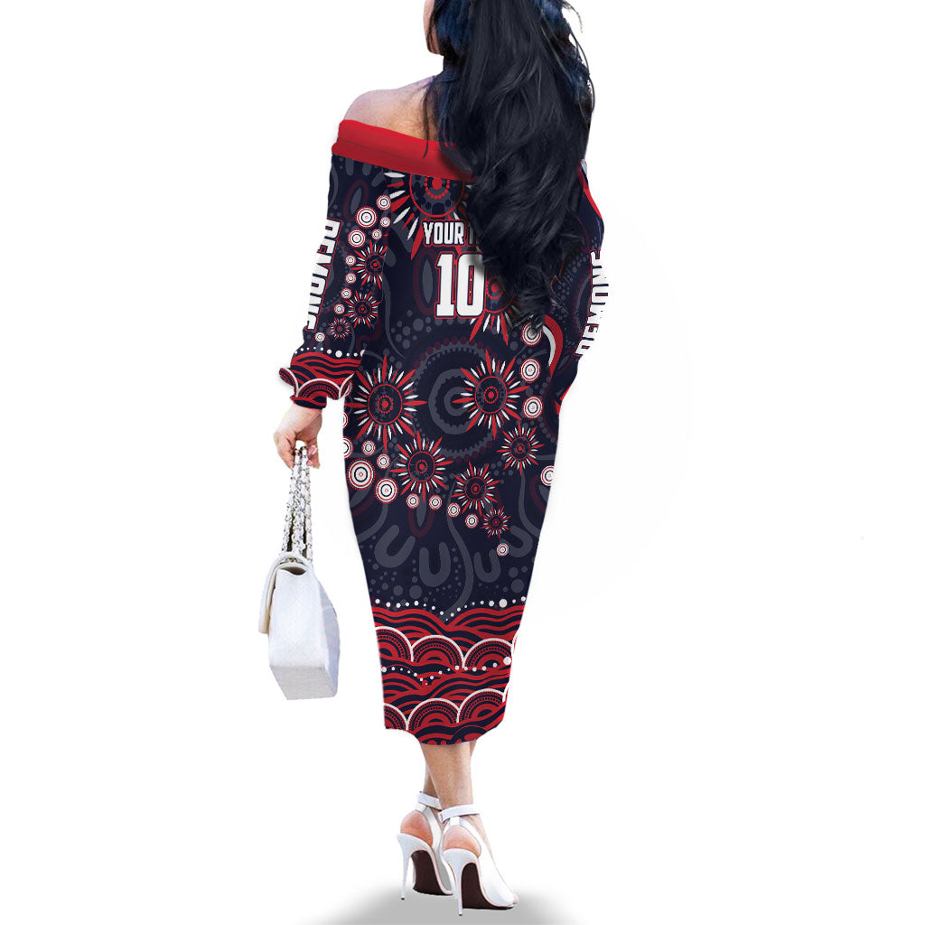 Personalized Melbourne Demons Mascot Family Matching Off The Shoulder Long Sleeve Dress and Hawaiian Shirt Aboriginal Dot Art - Dreamtime Football Mascot