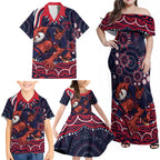 Personalized Melbourne Demons Mascot Family Matching Off Shoulder Maxi Dress and Hawaiian Shirt Aboriginal Dot Art - Dreamtime Football Mascot