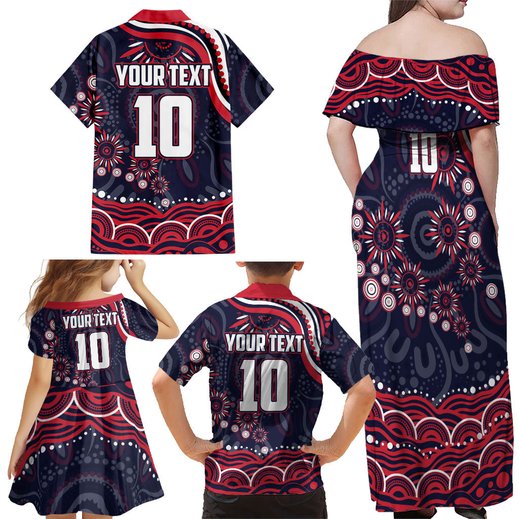 Personalized Melbourne Demons Mascot Family Matching Off Shoulder Maxi Dress and Hawaiian Shirt Aboriginal Dot Art - Dreamtime Football Mascot
