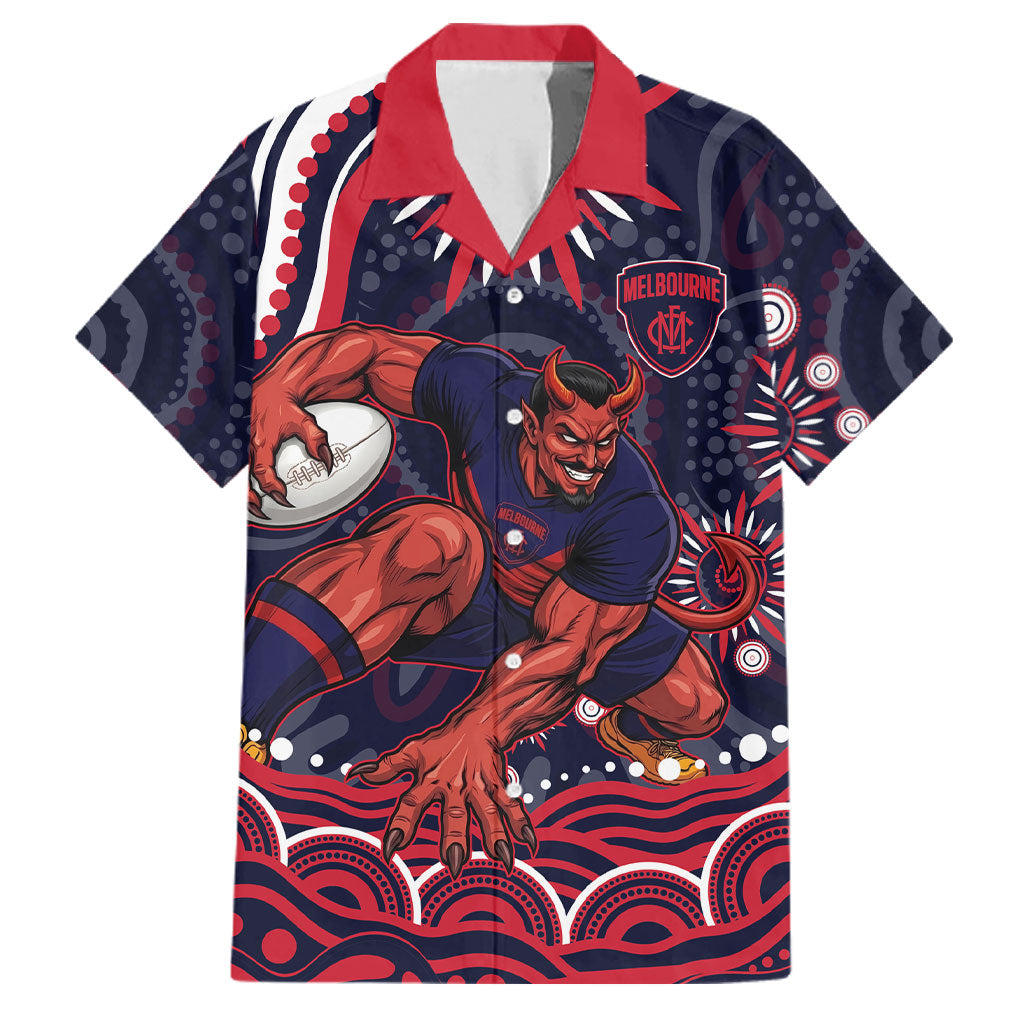 Personalized Melbourne Demons Mascot Family Matching Off Shoulder Maxi Dress and Hawaiian Shirt Aboriginal Dot Art - Dreamtime Football Mascot