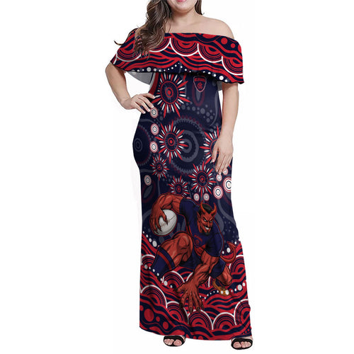 Personalized Melbourne Demons Mascot Family Matching Off Shoulder Maxi Dress and Hawaiian Shirt Aboriginal Dot Art - Dreamtime Football Mascot