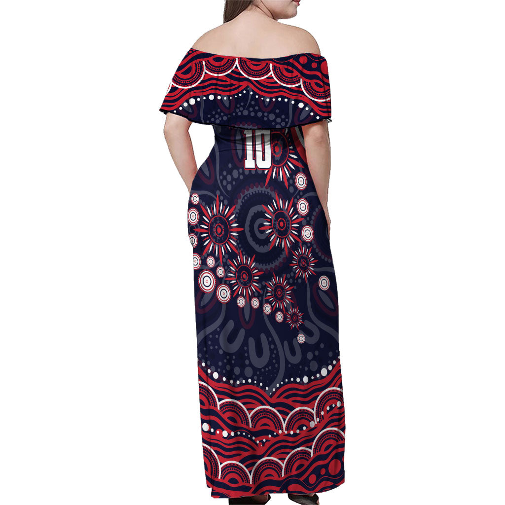 Personalized Melbourne Demons Mascot Family Matching Off Shoulder Maxi Dress and Hawaiian Shirt Aboriginal Dot Art - Dreamtime Football Mascot