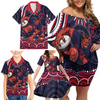 Personalized Melbourne Demons Mascot Family Matching Off Shoulder Short Dress and Hawaiian Shirt Aboriginal Dot Art - Dreamtime Football Mascot