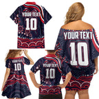 Personalized Melbourne Demons Mascot Family Matching Off Shoulder Short Dress and Hawaiian Shirt Aboriginal Dot Art - Dreamtime Football Mascot