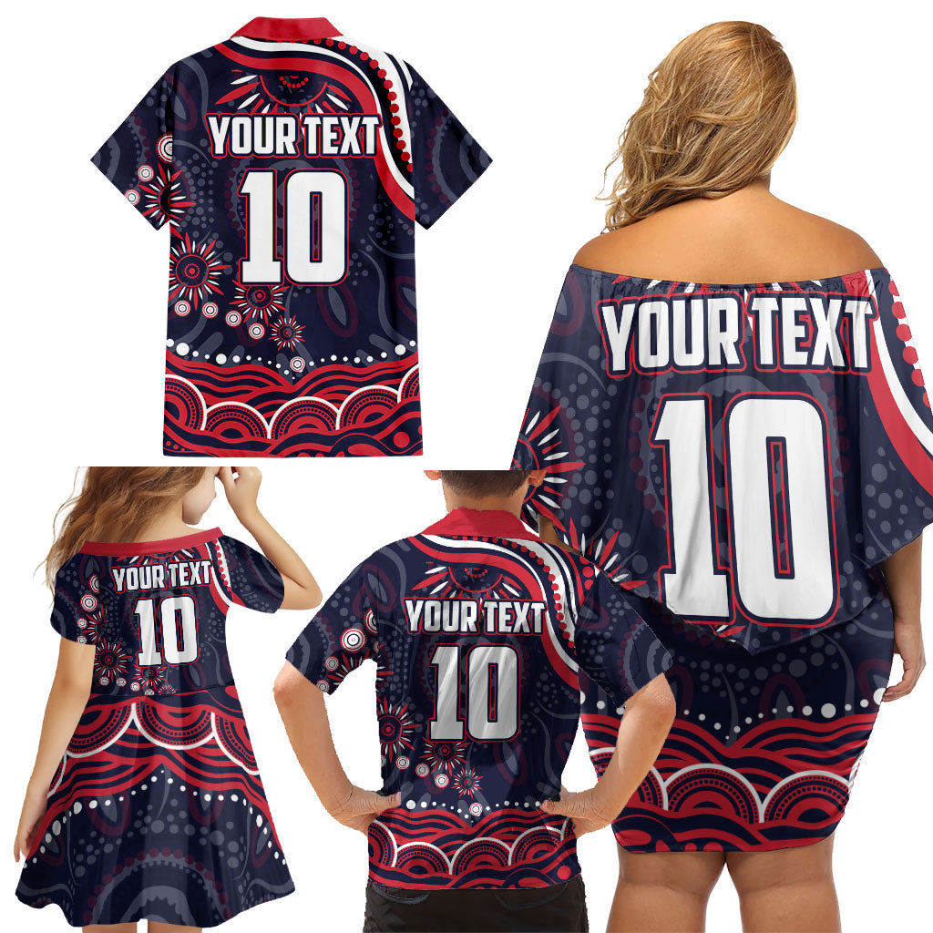Personalized Melbourne Demons Mascot Family Matching Off Shoulder Short Dress and Hawaiian Shirt Aboriginal Dot Art - Dreamtime Football Mascot