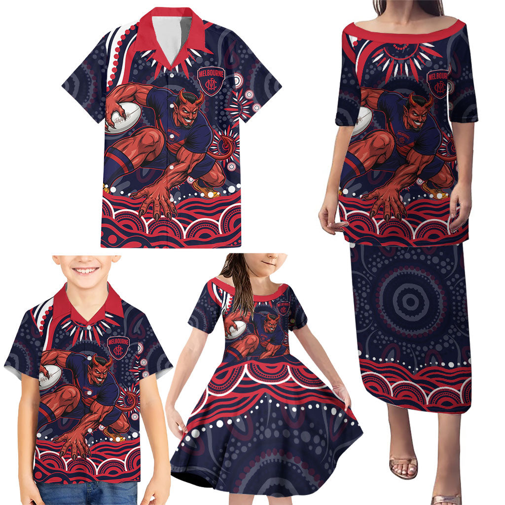 Personalized Melbourne Demons Mascot Family Matching Puletasi and Hawaiian Shirt Aboriginal Dot Art - Dreamtime Football Mascot