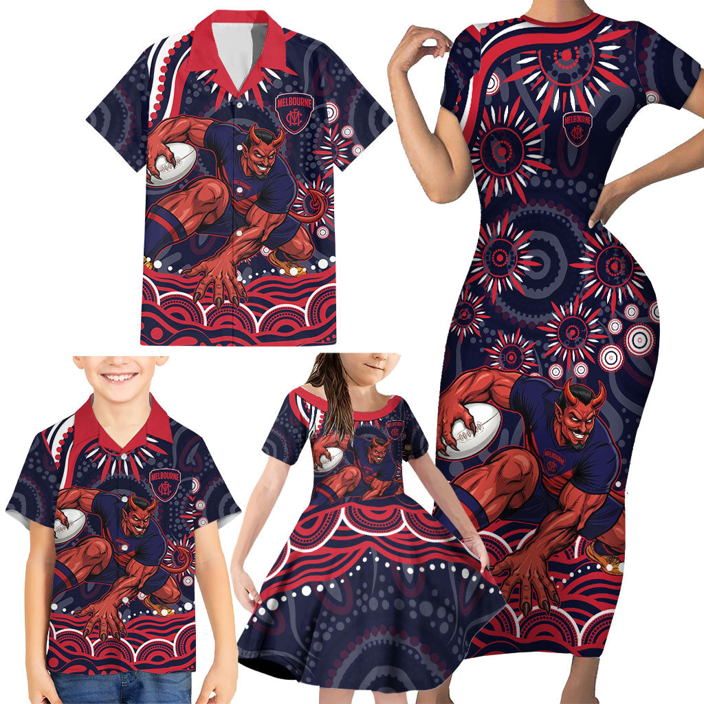 Personalized Melbourne Demons Mascot Family Matching Short Sleeve Bodycon Dress and Hawaiian Shirt Aboriginal Dot Art - Dreamtime Football Mascot