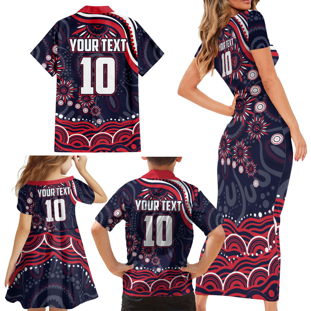 Personalized Melbourne Demons Mascot Family Matching Short Sleeve Bodycon Dress and Hawaiian Shirt Aboriginal Dot Art - Dreamtime Football Mascot